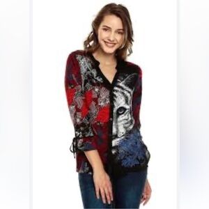 Desigual Red and Blue Artistic Abstract/ White Tiger Cardigan Sweater Size XL